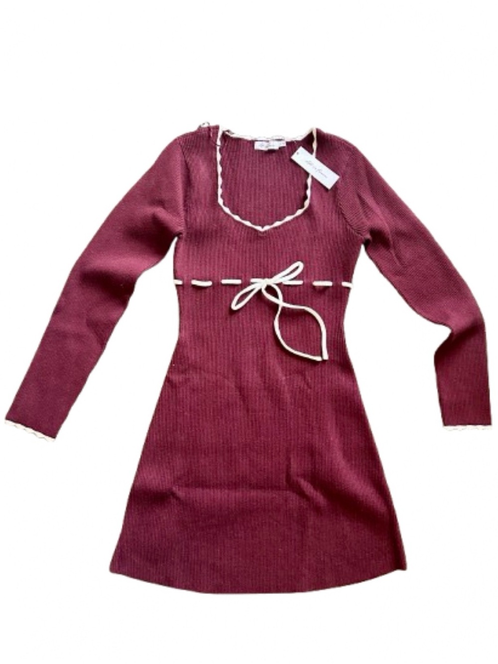 NWT All in Favor Long Sleeve Sweater Mini Dress Size Large Tie and Scallop Trim